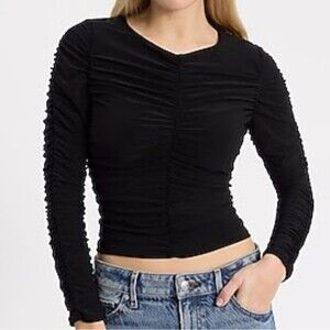 Express Crew Neck Long Sleeve Ruched Tee Black Size M